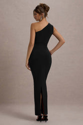 Black One-Shoulder Gathered Maxi Dress